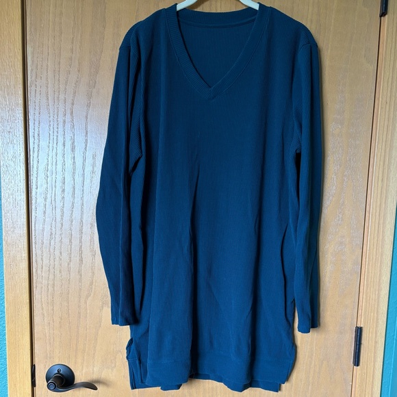 Woolx Evie Ribbed Merino Wool Elegant Teal V-Neck Tunic - Picture 1 of 4
